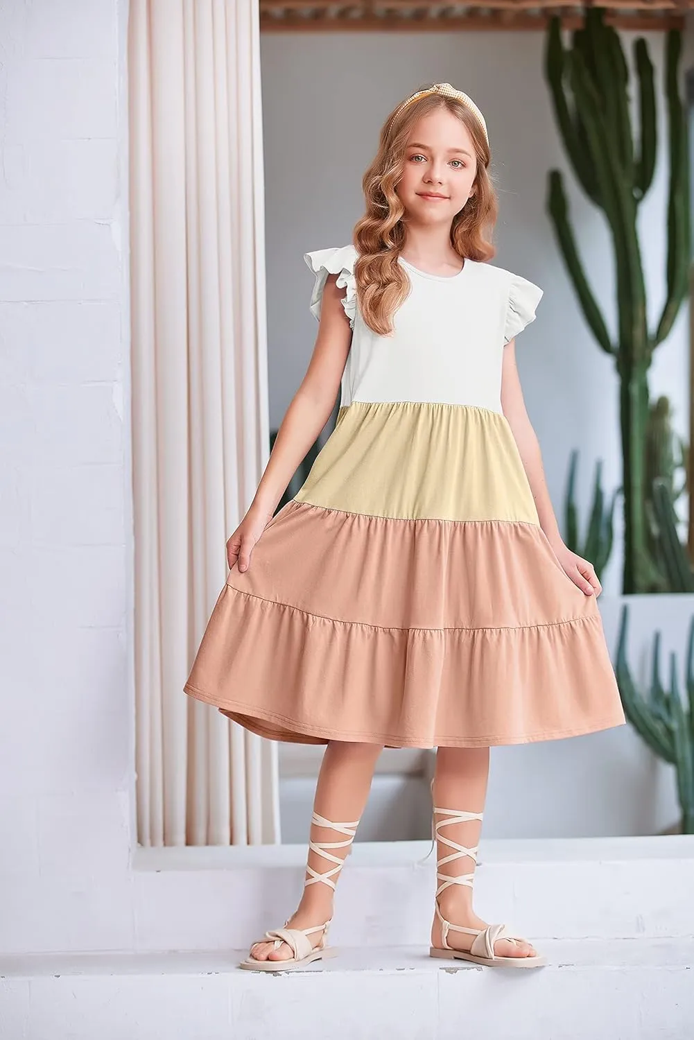 Arshiner Girl's Summer Dresses Ruffle Sleeve Tiered Swing Midi Casual Sundress with Pockets