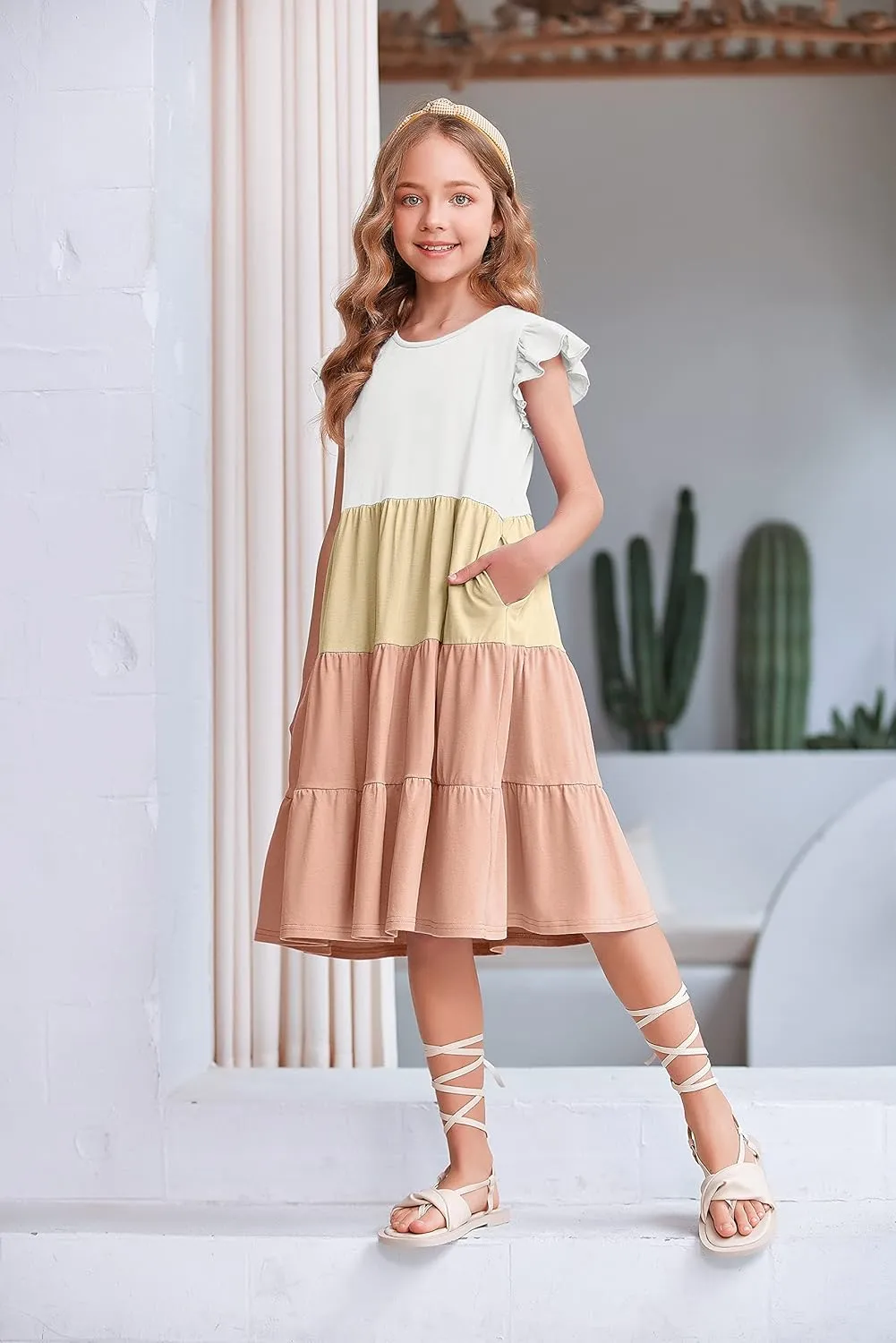 Arshiner Girl's Summer Dresses Ruffle Sleeve Tiered Swing Midi Casual Sundress with Pockets