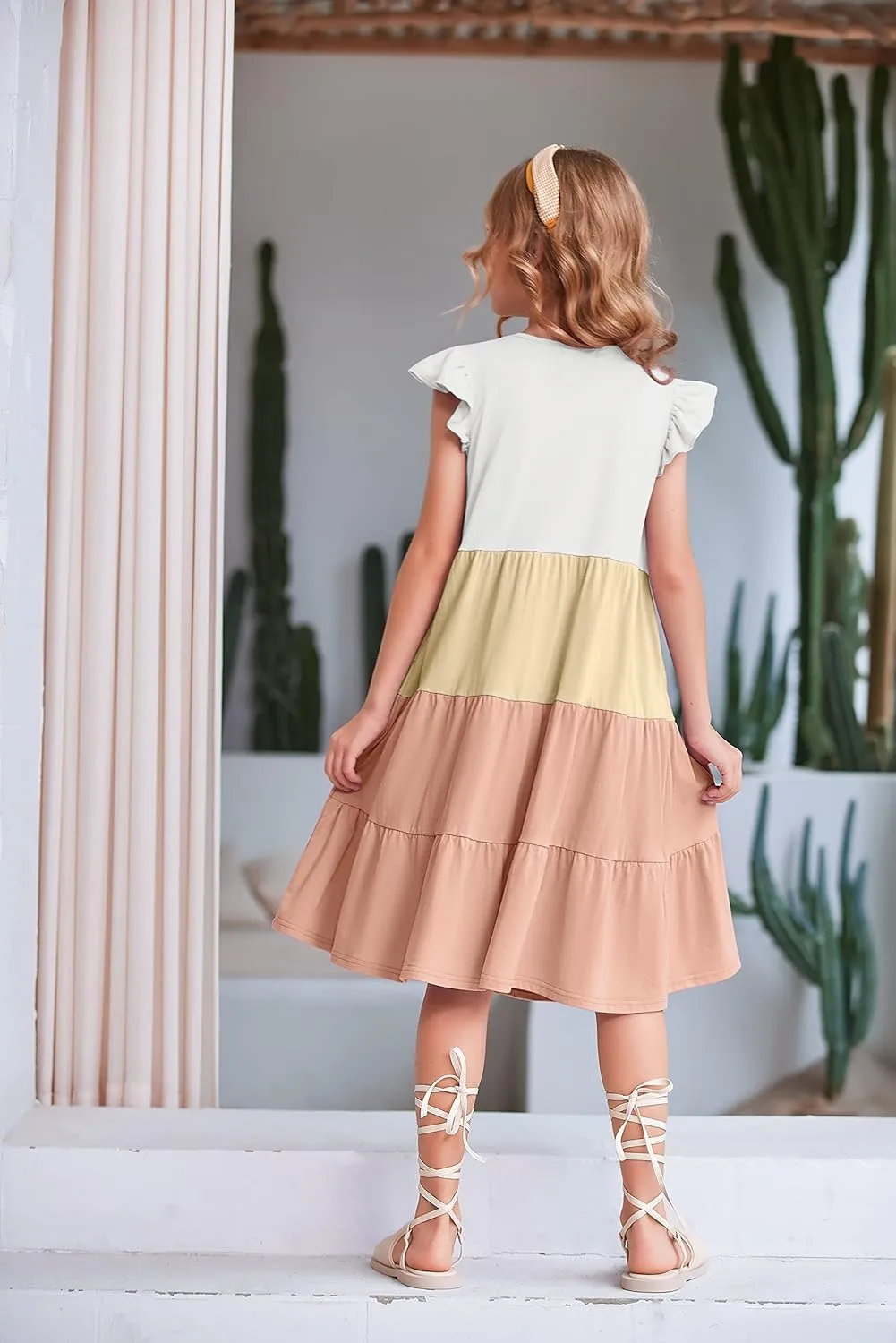 Arshiner Girl's Summer Dresses Ruffle Sleeve Tiered Swing Midi Casual Sundress with Pockets