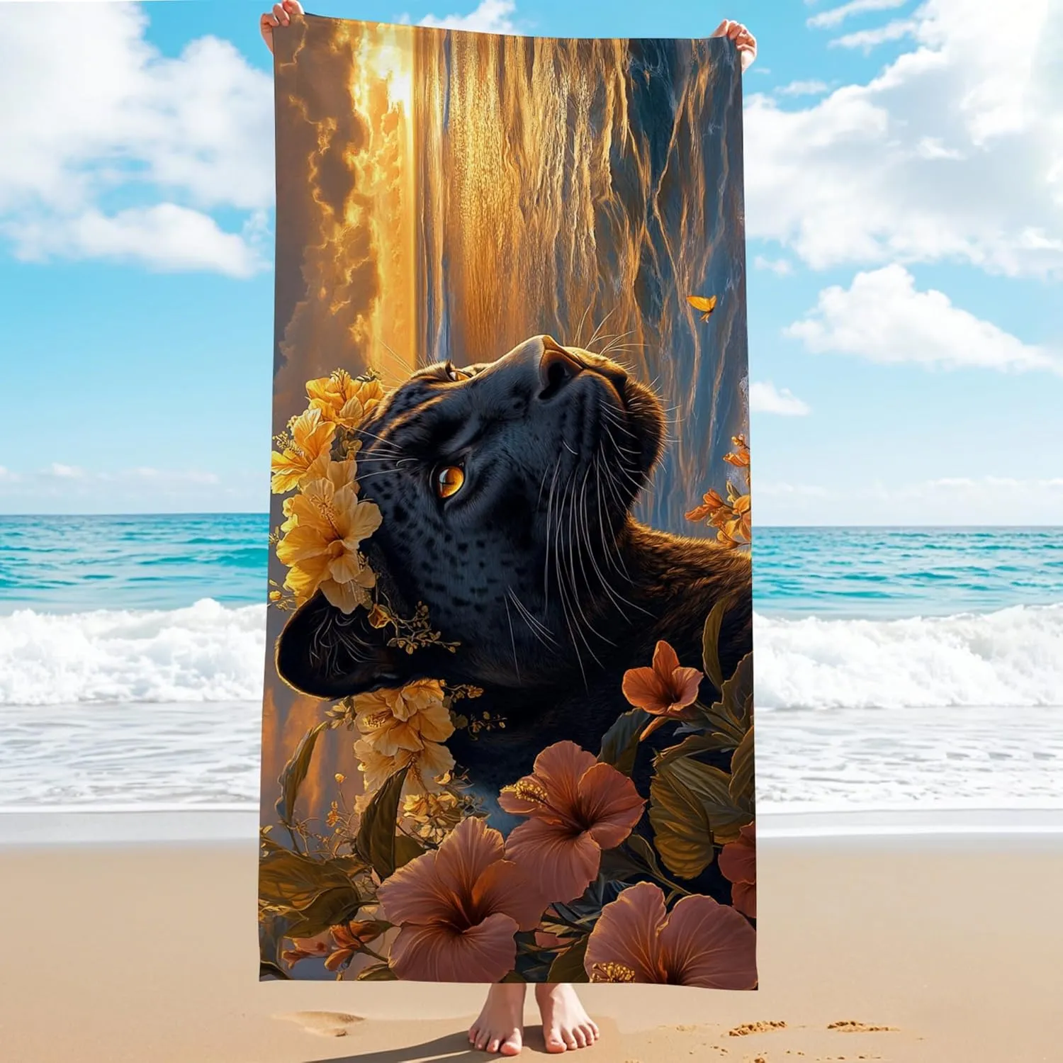 Artistic Jungle Panther Beach Towel Black Animal Print Soft Microfiber Sand Free Quick Dry Oversized Beach Blanket, Ideal for Vacation Picnic Pool Travel Outdoor Essentials 70x35 Inch
