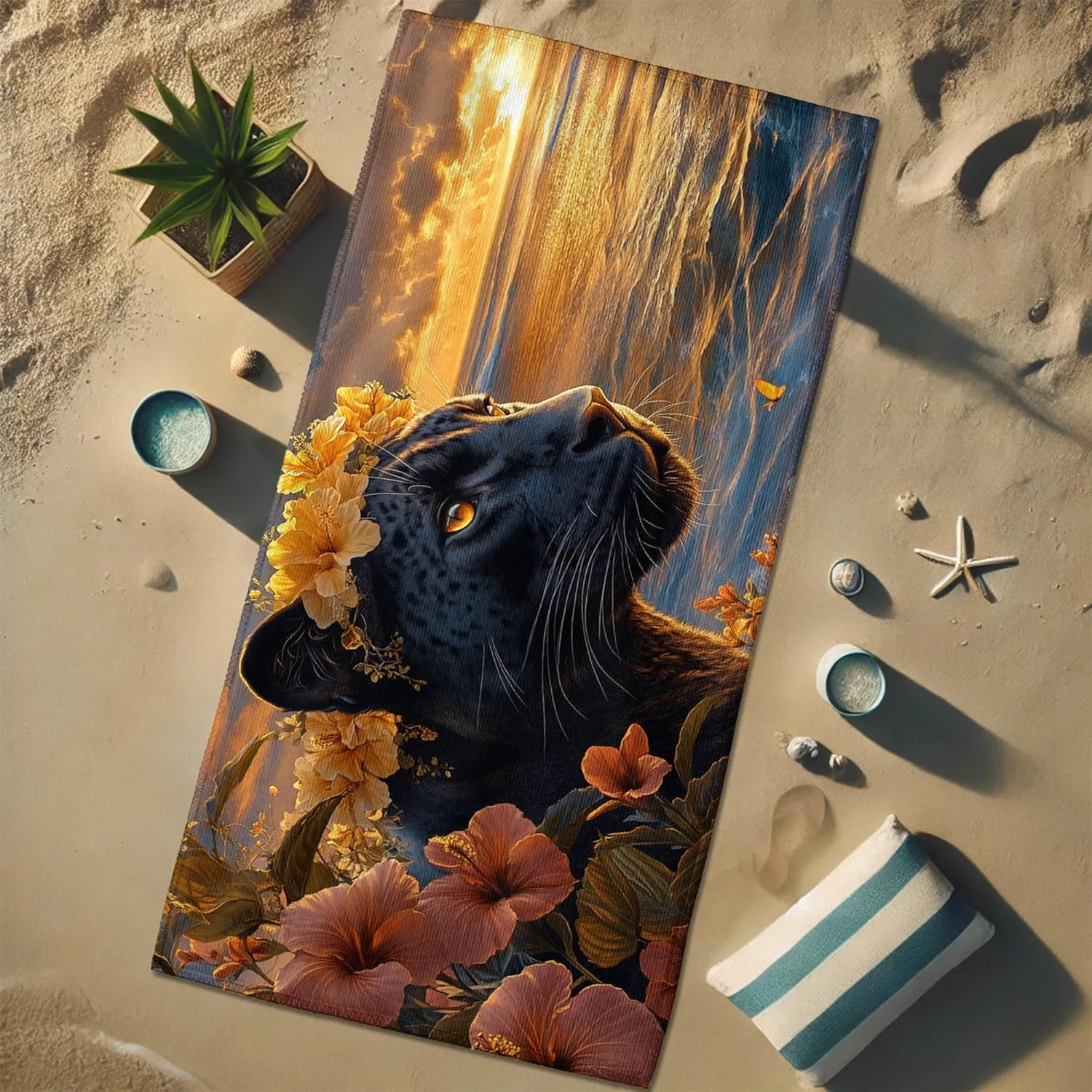 Artistic Jungle Panther Beach Towel Black Animal Print Soft Microfiber Sand Free Quick Dry Oversized Beach Blanket, Ideal for Vacation Picnic Pool Travel Outdoor Essentials 70x35 Inch