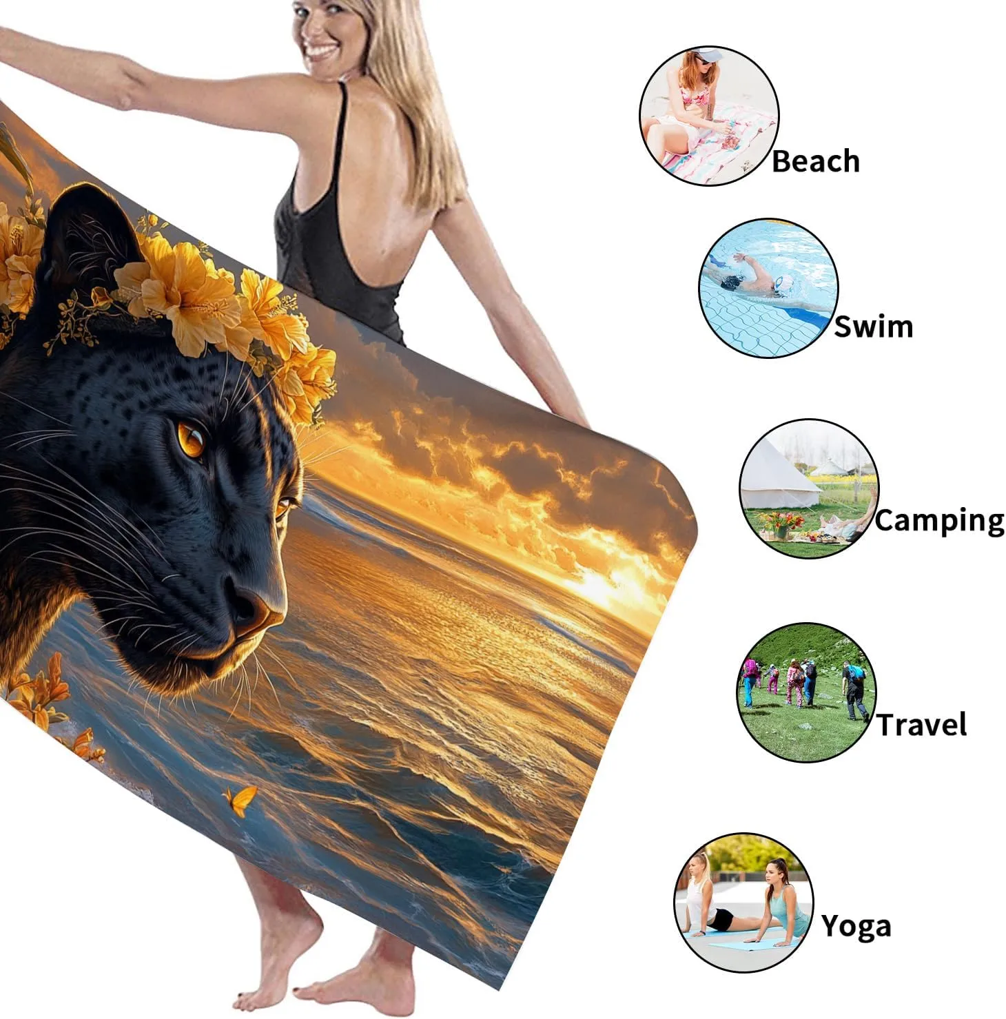 Artistic Jungle Panther Beach Towel Black Animal Print Soft Microfiber Sand Free Quick Dry Oversized Beach Blanket, Ideal for Vacation Picnic Pool Travel Outdoor Essentials 70x35 Inch
