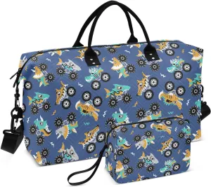 Aslsiy Travel Duffel Bags for Women Scary Animal Monster Trucks Sports Duffel Bags Dark Blue Weekender Bags Gym Bag with Toiletry Bag Carry on Overnight Bag
