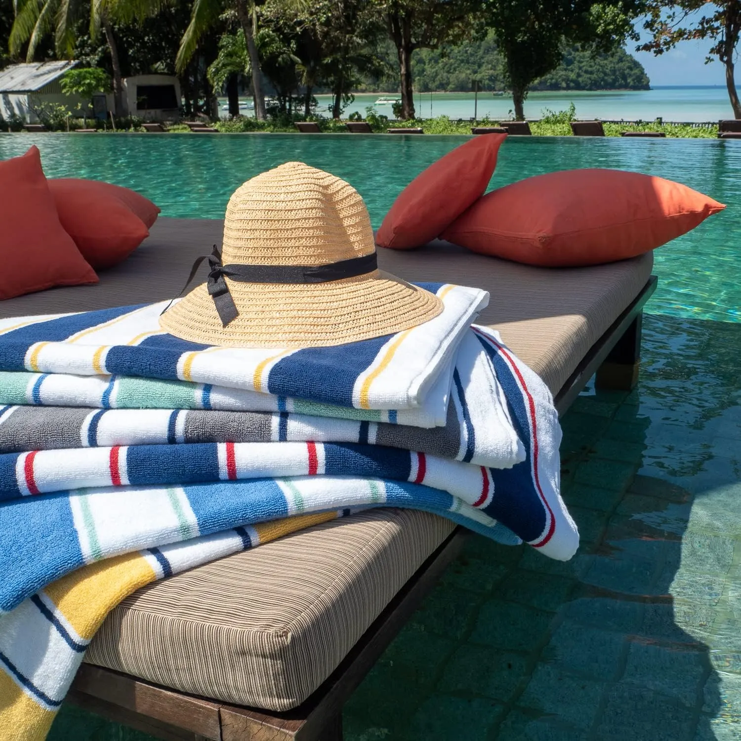 Aston & Arden Striped Beach Towel - Oversized 35 x 70 Soft Plush Thick Cotton, 600 GMS Heavy & Luxury for Pool Chairs, Resort, and Hot Tub, Navy/Green