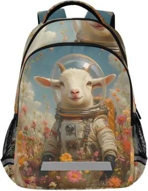 Astronaut Goat Flowers Backpack 3rd 4th 5th Grade School Bookbag Travel Laptop Daypack Bag for Boys Girls