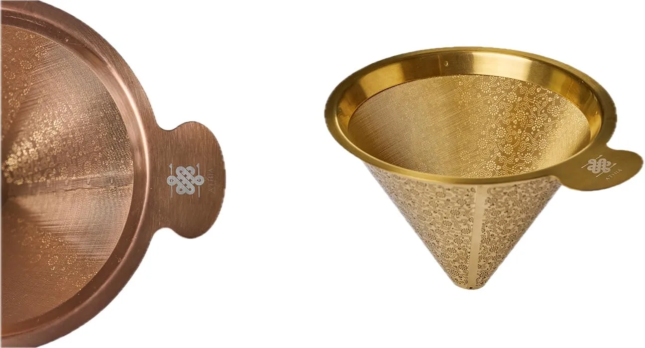 ATHIA gold reusable stainless steel pour over coffee dripper, laser etched double mesh cone filter, paperless, eco-friendly, fits Hario, Chemex, carafes & most coffee makers (rose golden, cone shape)