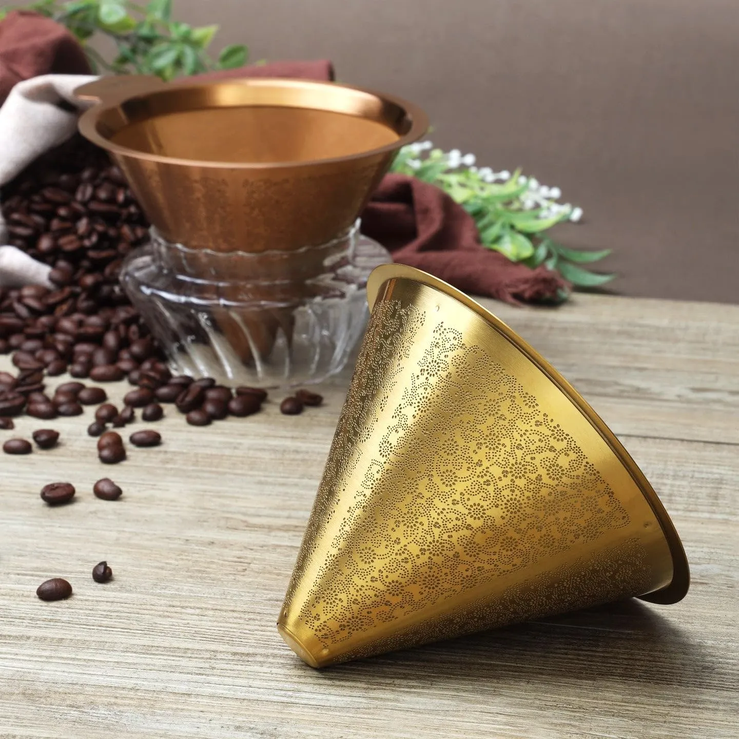 ATHIA gold reusable stainless steel pour over coffee dripper, laser etched double mesh cone filter, paperless, eco-friendly, fits Hario, Chemex, carafes & most coffee makers (rose golden, cone shape)