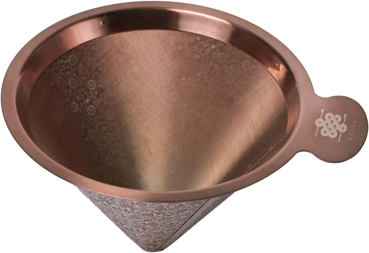 ATHIA gold reusable stainless steel pour over coffee dripper, laser etched double mesh cone filter, paperless, eco-friendly, fits Hario, Chemex, carafes & most coffee makers (rose golden, cone shape)