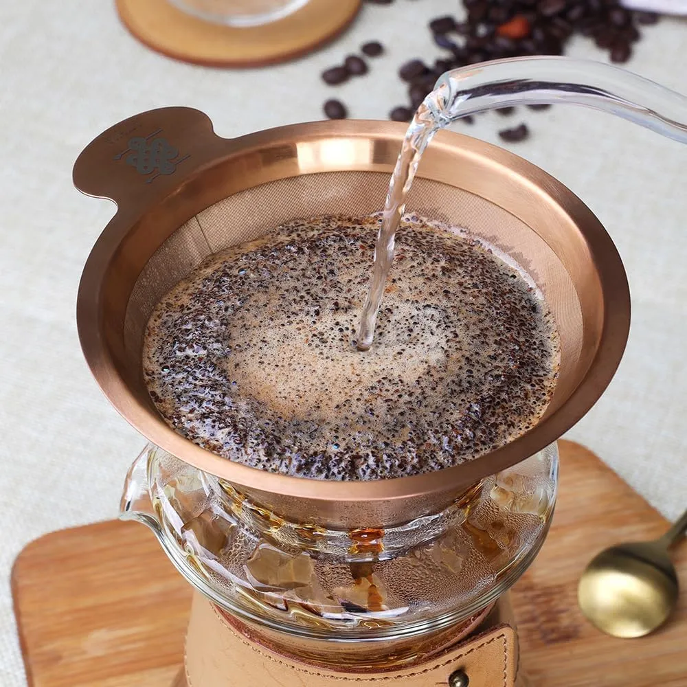 ATHIA gold reusable stainless steel pour over coffee dripper, laser etched double mesh cone filter, paperless, eco-friendly, fits Hario, Chemex, carafes & most coffee makers (rose golden, cone shape)