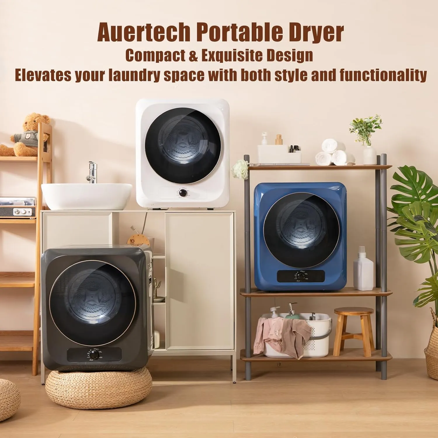 Auertech 10Lbs Portable Dryer, 110V Portable Clothes Dryer for Laundry Apartment RV, Compact Electric Dryer with 5 Drying Modes, Front Load Stackable Mini Dryer, Grey