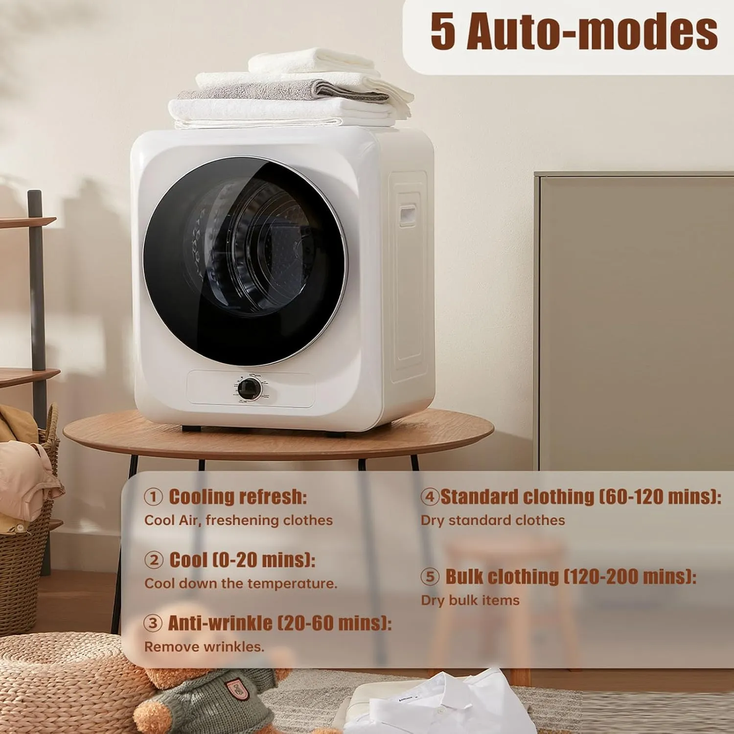 Auertech 10Lbs Portable Dryer, 110V Portable Clothes Dryer for Laundry Apartment RV, Compact Electric Dryer with 5 Drying Modes, Front Load Stackable Mini Dryer, Grey