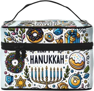 Augenstern Cosmetic Bag Organizer Happy-Hanukkah-Wreath-Candles Travel Makeup Case Toiletry Bag With Handle