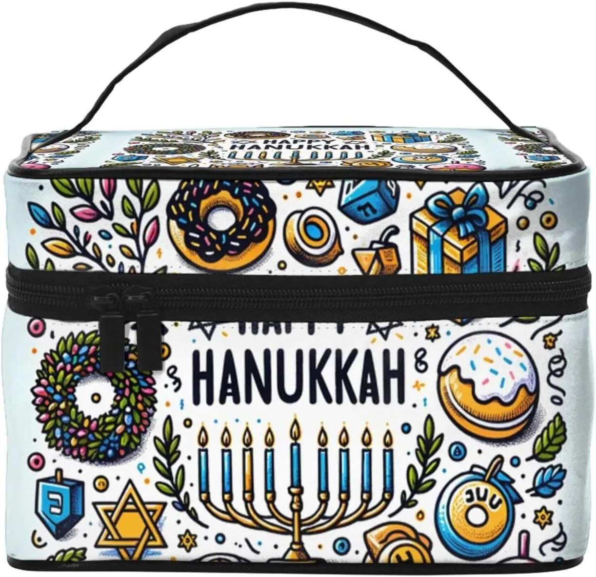 Augenstern Cosmetic Bag Organizer Happy-Hanukkah-Wreath-Candles Travel Makeup Case Toiletry Bag With Handle