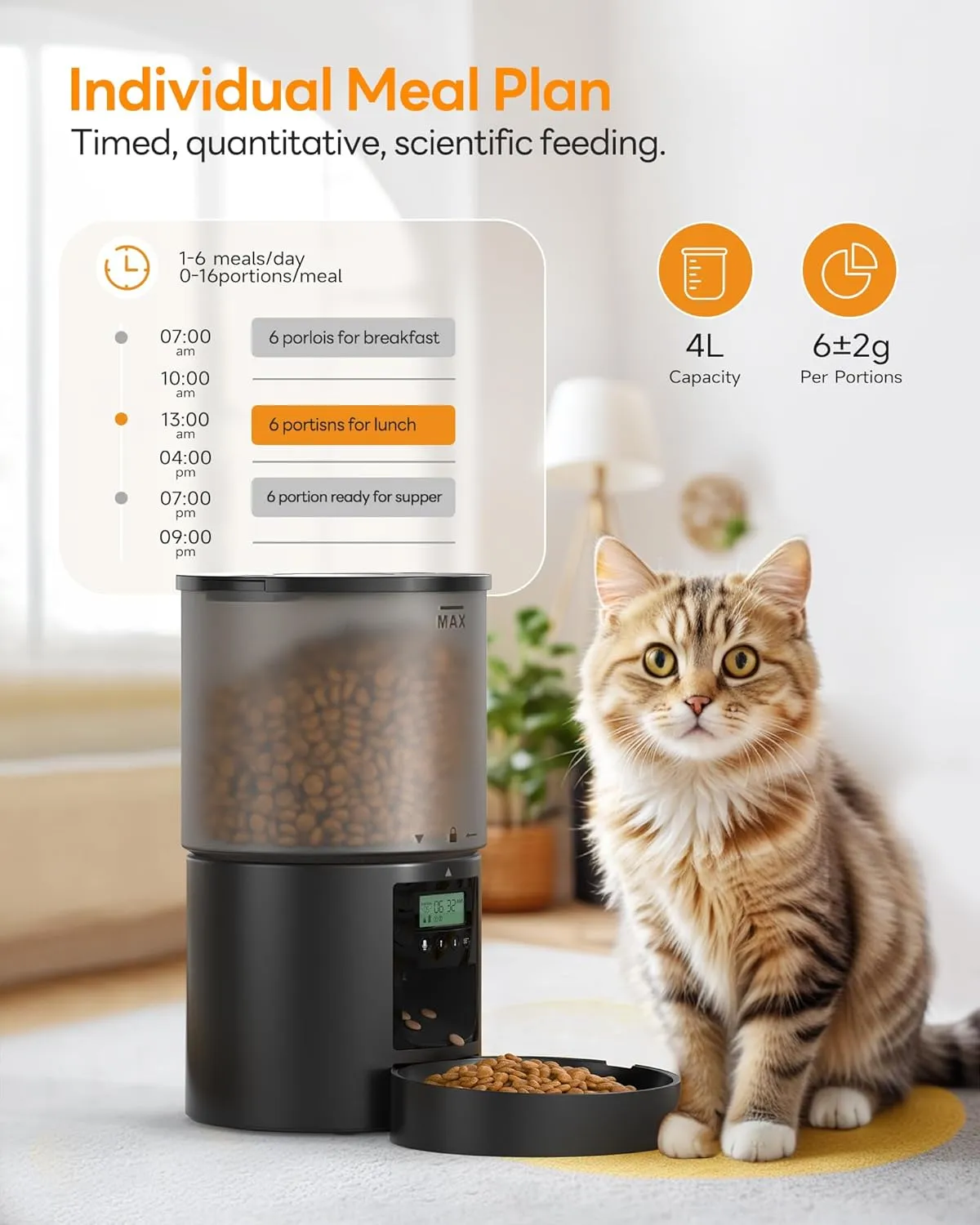Automatic Cat Feeder- Auto Cat Food Dispenser Dog Feeder with 1-6 Meals Pet Customized Feeding Schedule for Cats & Dogs - 4L