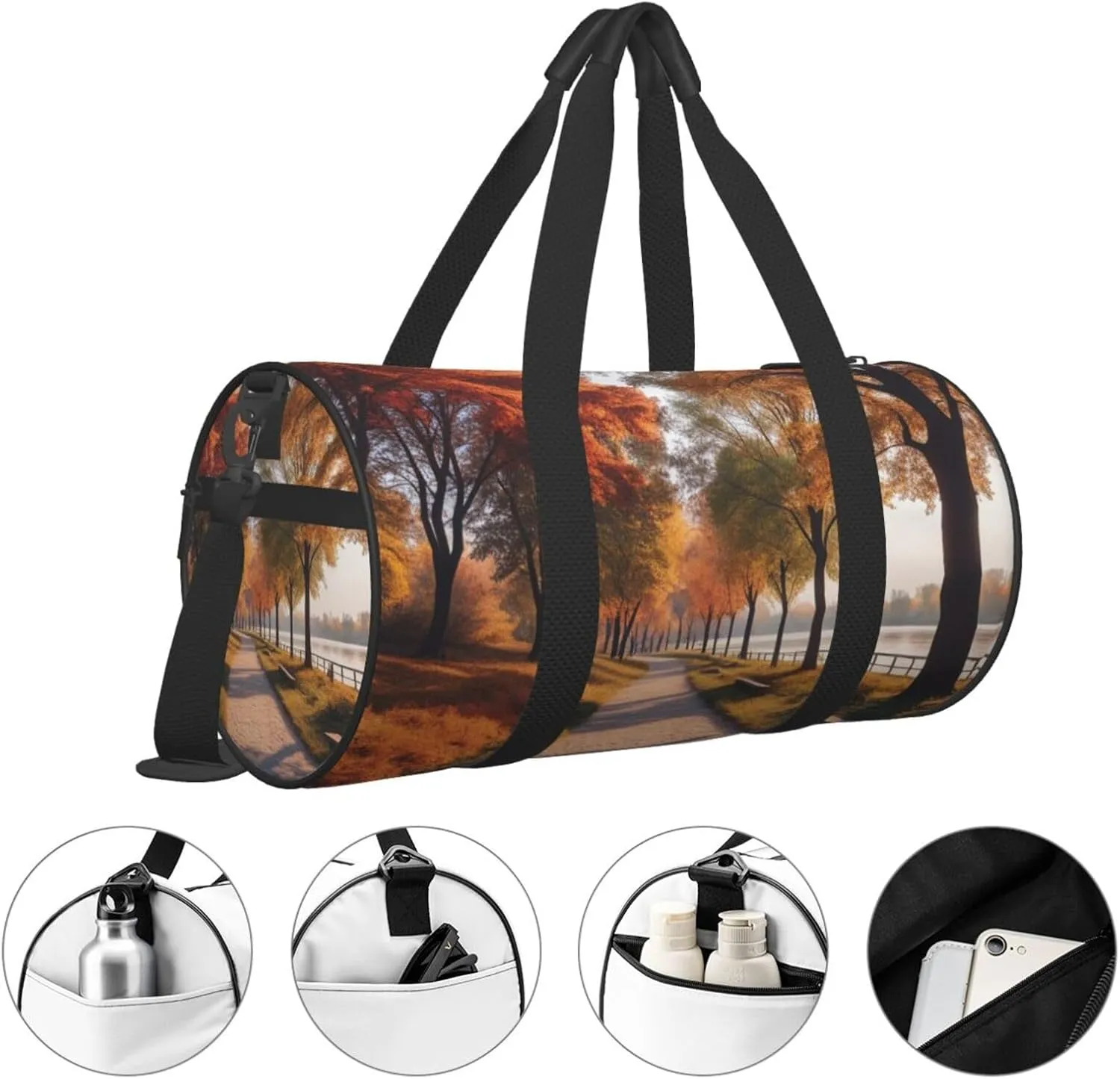 Autumn River Park Printed Travel Bag,Round Personal Item Storage bag,Foldie Duffel Bag for Traveling Vacation,Fitness,Sports