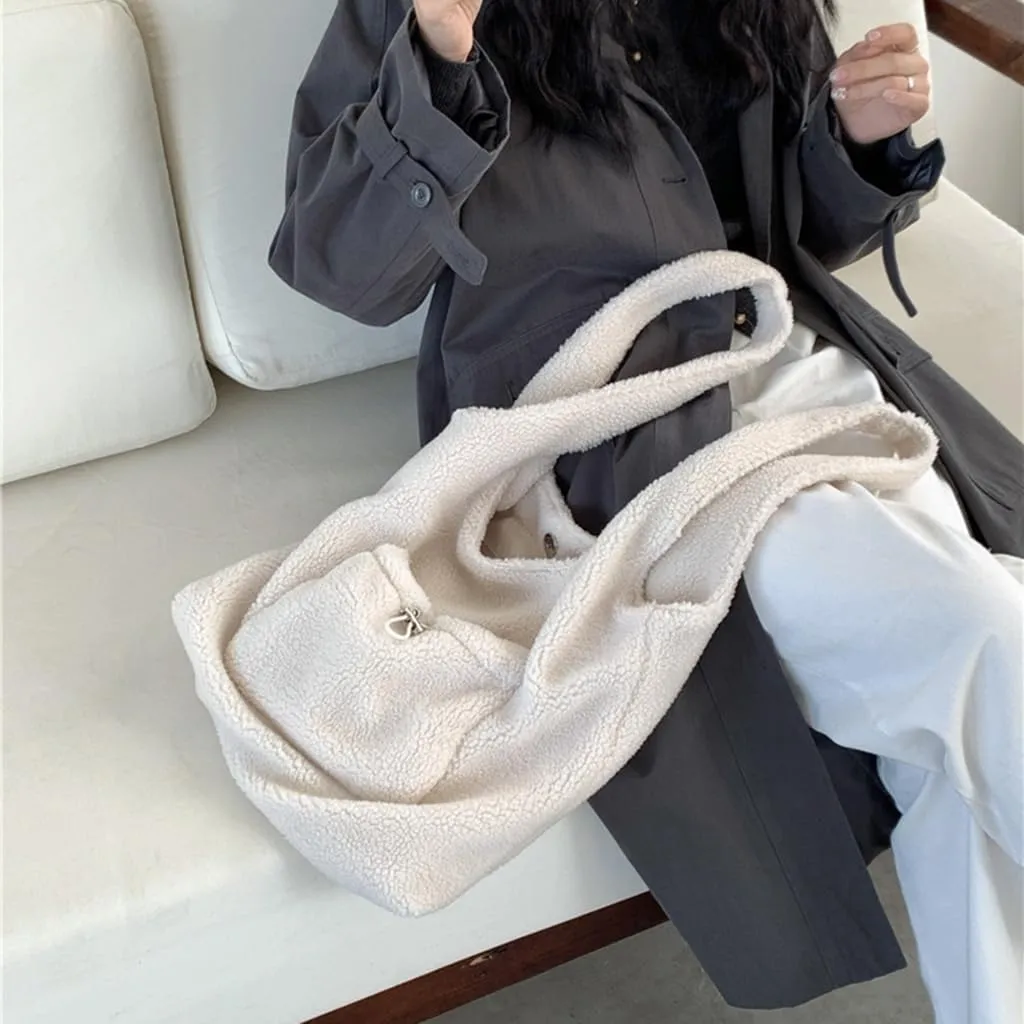 Autumn Winter Casual Furry Faux Lamb Wool Shoulder Bag Large Capacity Luxurious Fleece Plush Handbag Purse for Women
