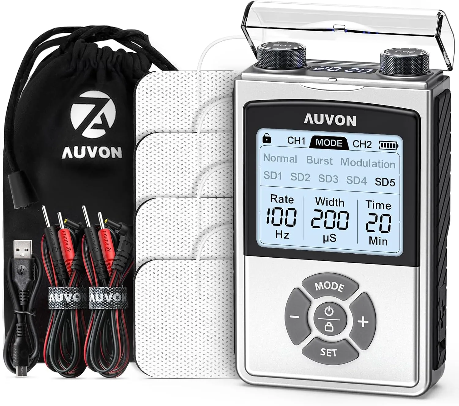 AUVON Rechargeable TENS Unit Muscle Stimulator for Back Pain Relief, 600 mAh Battery TENS Machine with 8 Customizable Modes, Stim Machine for Shoulder & Neck Pain Relief, Nerve Pain Relief, 4 Pads