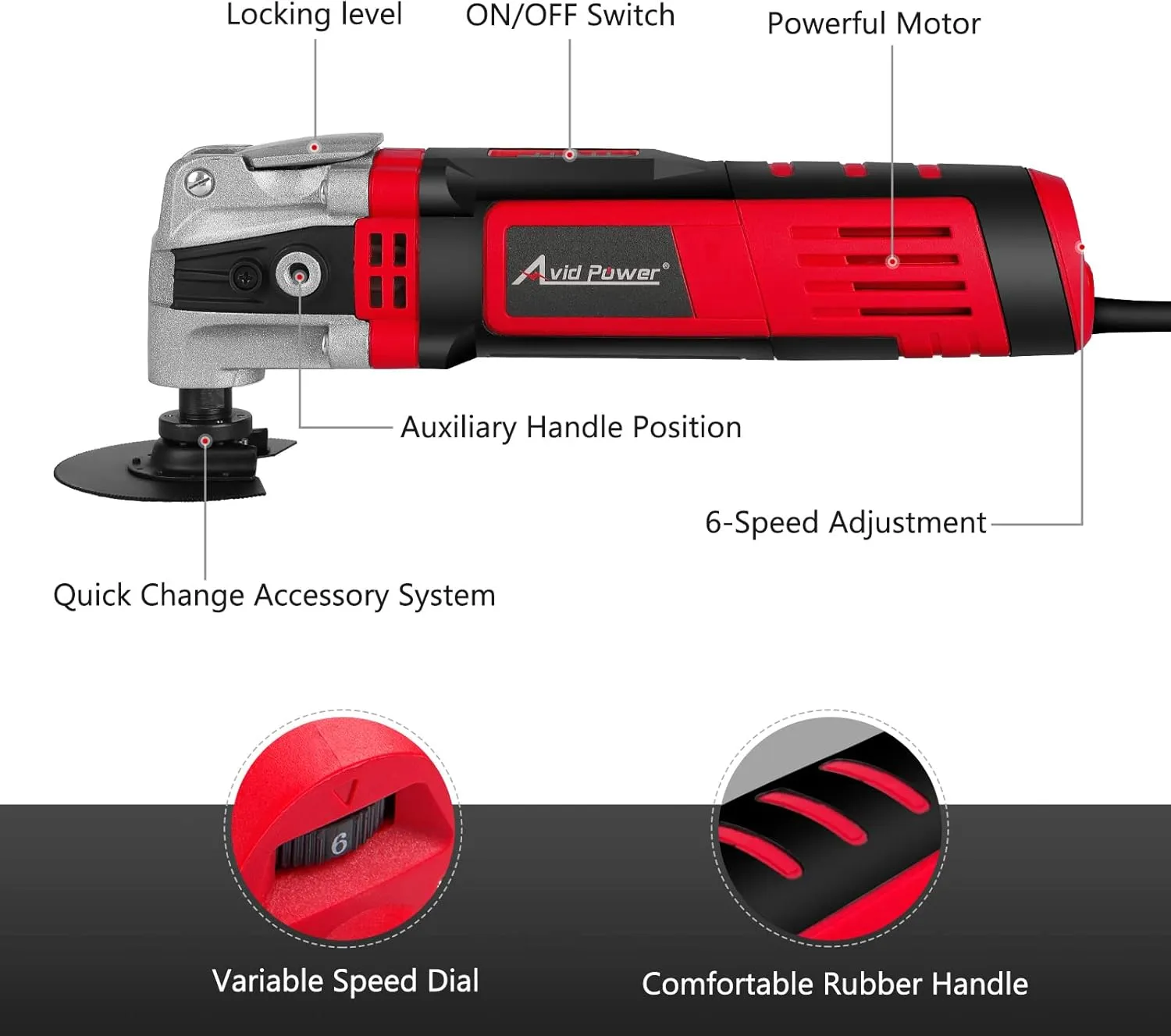 AVID POWER Oscillating Tool, 3.5-Amp Oscillating Multi Tool with 4.5° Oscillation Angle, 6 Variable Speeds and 13pcs Saw Accessories, Auxiliary Handle and Carrying Bag
