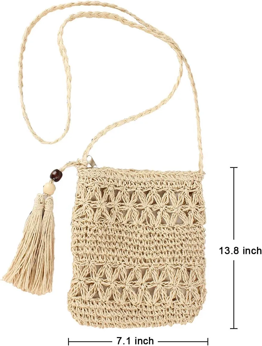 Ayliss Women Straw Crossbody Purse Beach Handmade Woven Shoulder Bag with Tassels