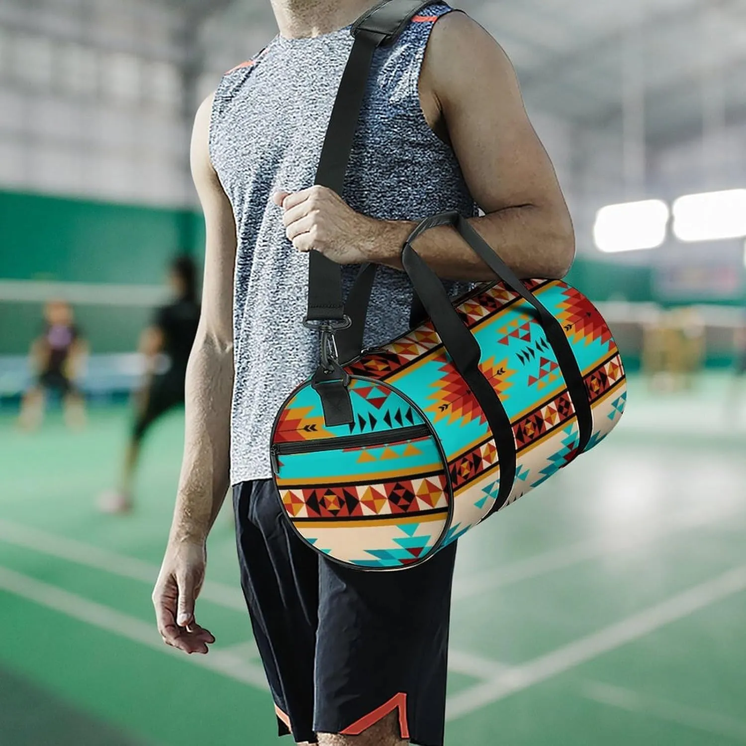 Aztec Beige Blue Large Capacity Portable Cylindrical Fitness Bag