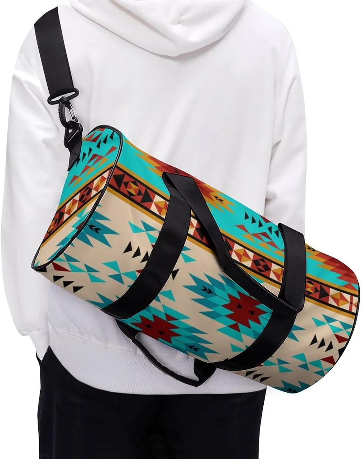 Aztec Beige Blue Large Capacity Portable Cylindrical Fitness Bag