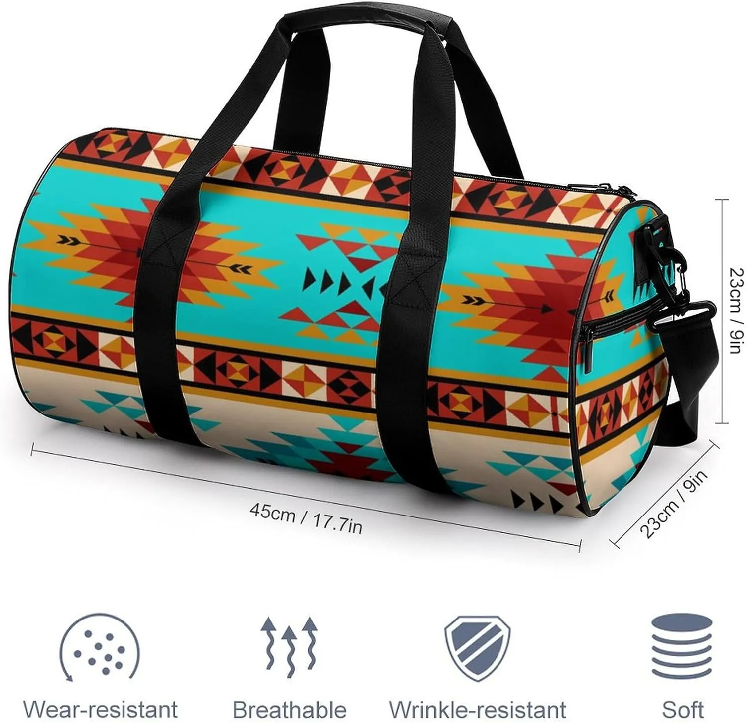 Aztec Beige Blue Large Capacity Portable Cylindrical Fitness Bag