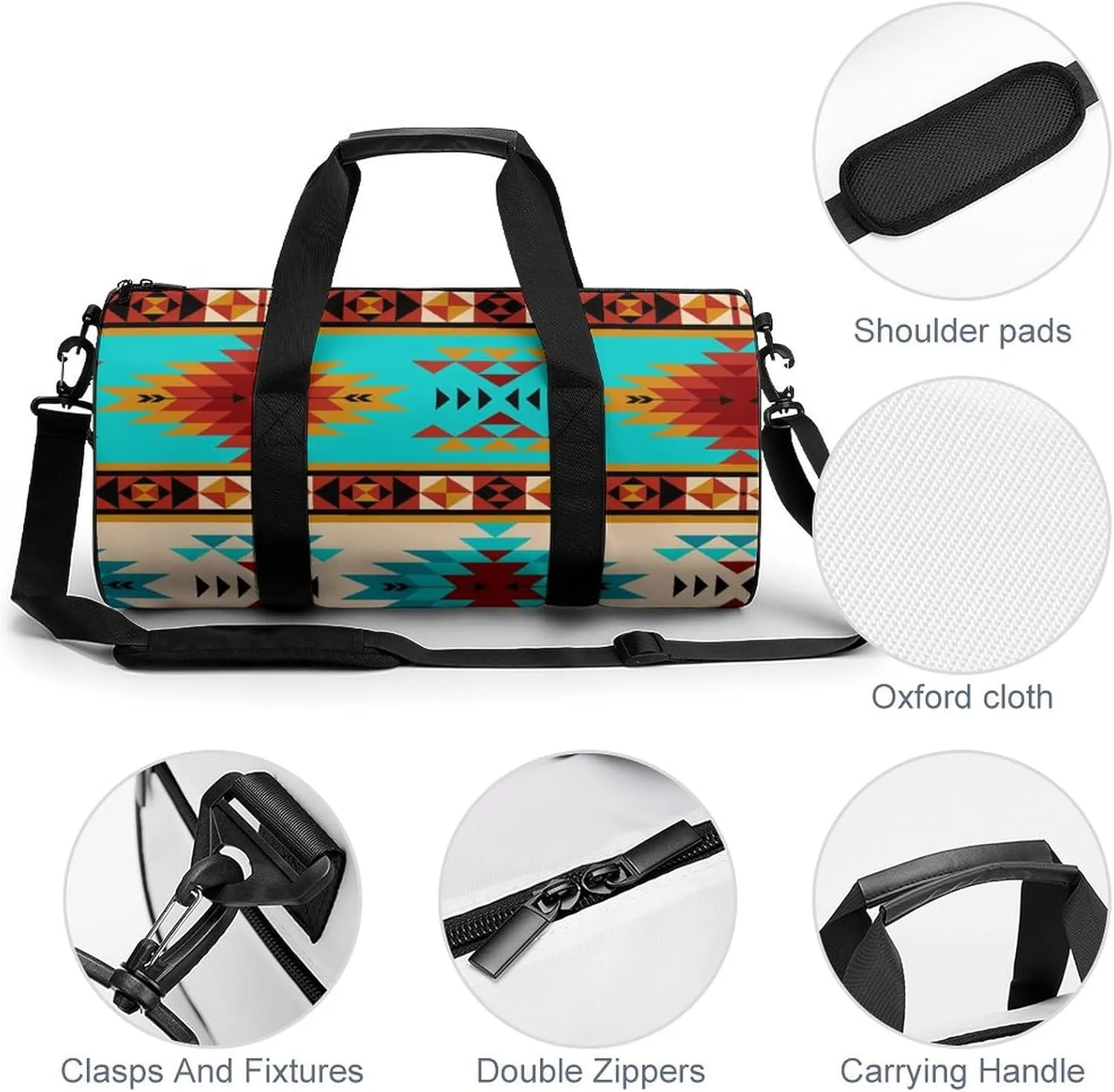 Aztec Beige Blue Large Capacity Portable Cylindrical Fitness Bag