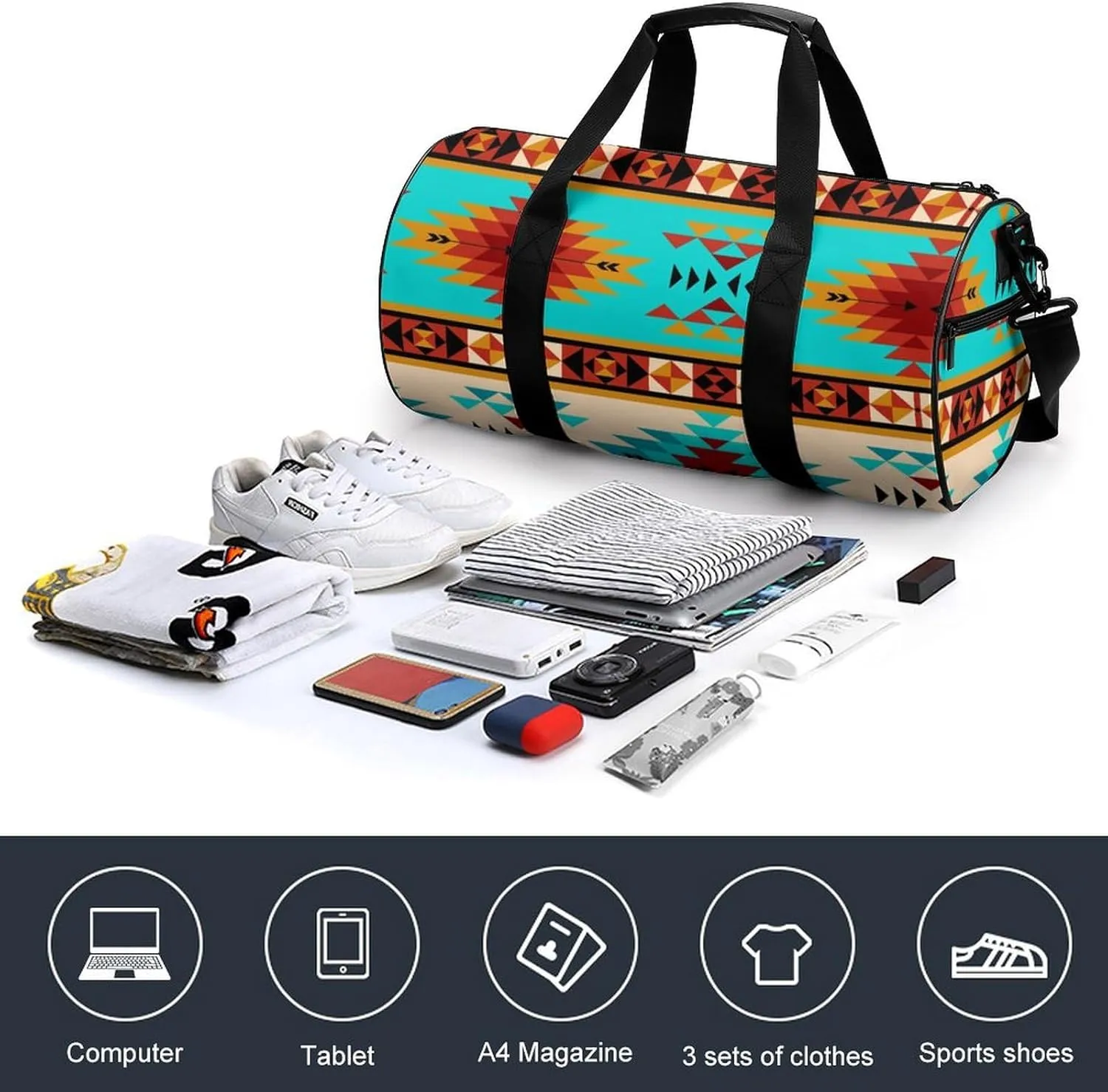 Aztec Beige Blue Large Capacity Portable Cylindrical Fitness Bag