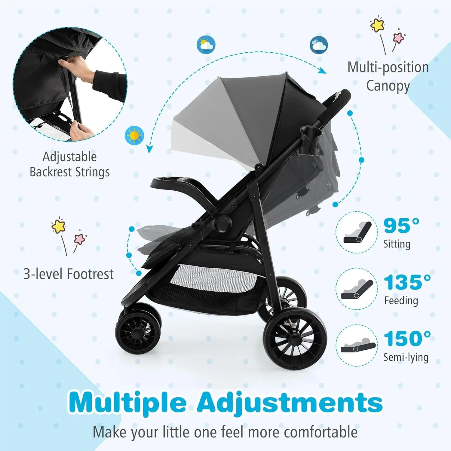 BABY JOY Jogging Stroller, Jogger Travel System with 5-Point Safety Harness, Adjustable Canopy/Backrest/Footrest, Storage Basket & Pocket, Lightweight Baby Stroller for Newborn Toddlers (Black)