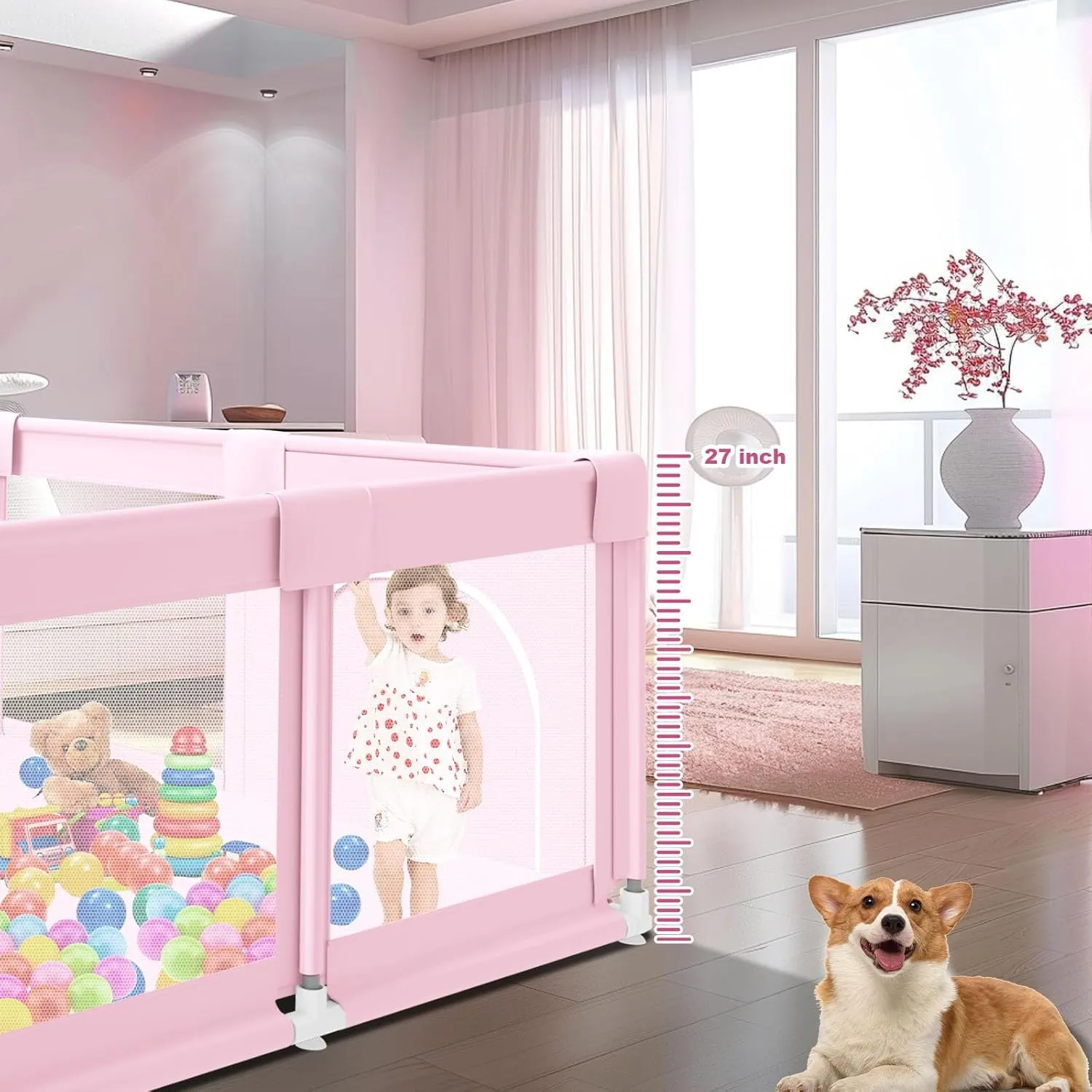 Baby Playpen 74"x50" PlayPen for Babies and Toddlers Pink, Large Play Yards for Indoor & Outdoor with Zipper Gates