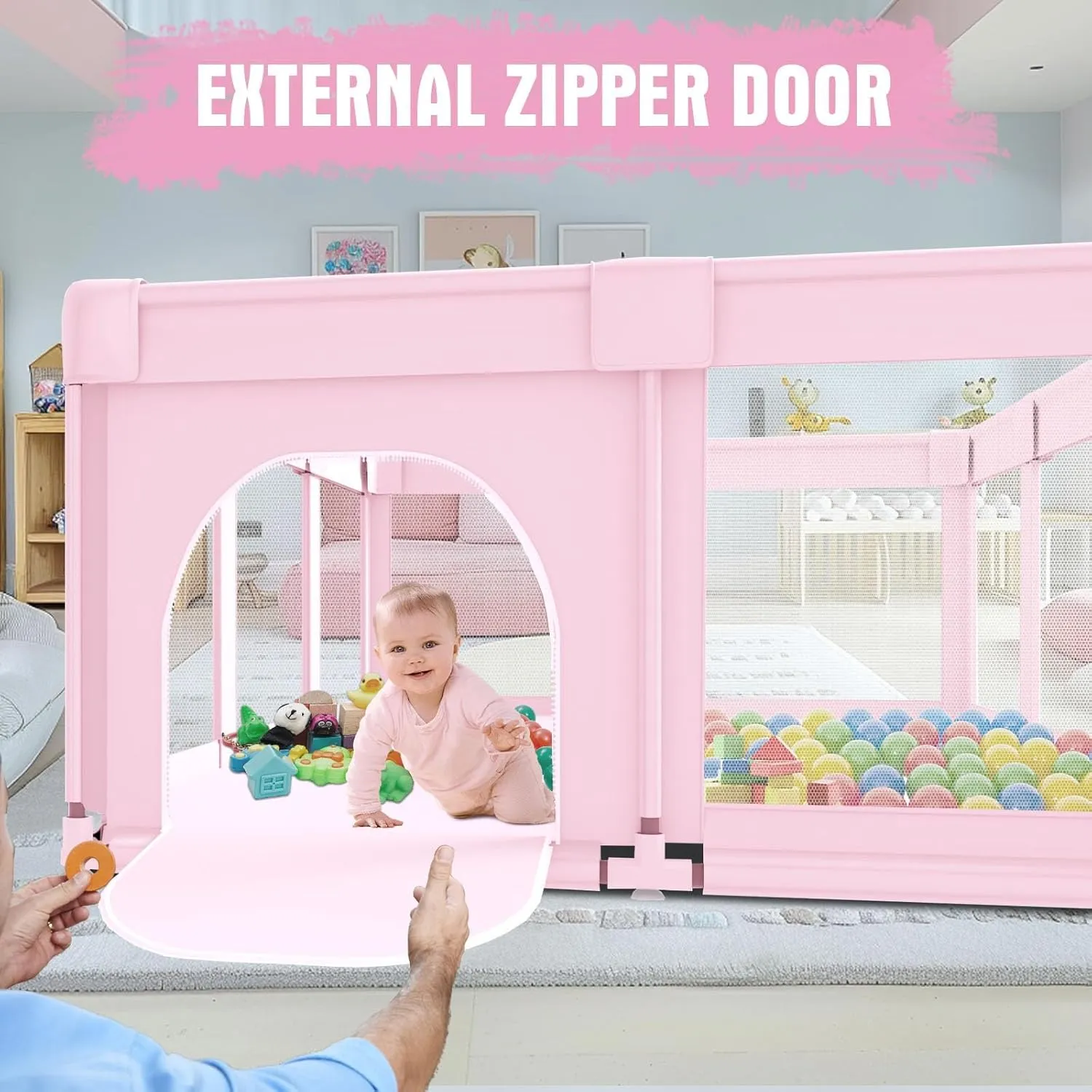 Baby Playpen 74"x50" PlayPen for Babies and Toddlers Pink, Large Play Yards for Indoor & Outdoor with Zipper Gates