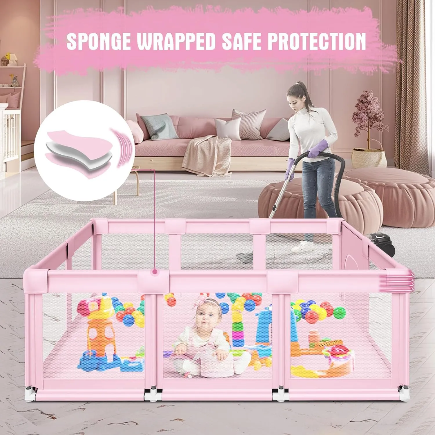 Baby Playpen 74"x50" PlayPen for Babies and Toddlers Pink, Large Play Yards for Indoor & Outdoor with Zipper Gates