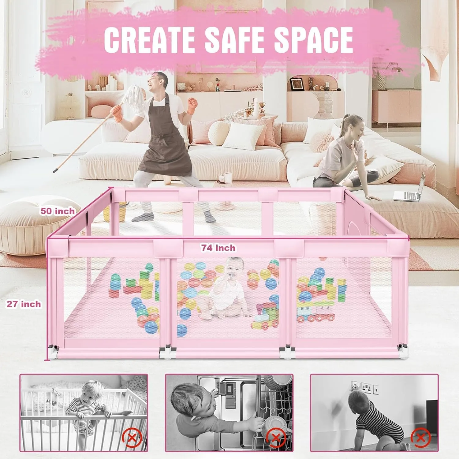 Baby Playpen 74"x50" PlayPen for Babies and Toddlers Pink, Large Play Yards for Indoor & Outdoor with Zipper Gates