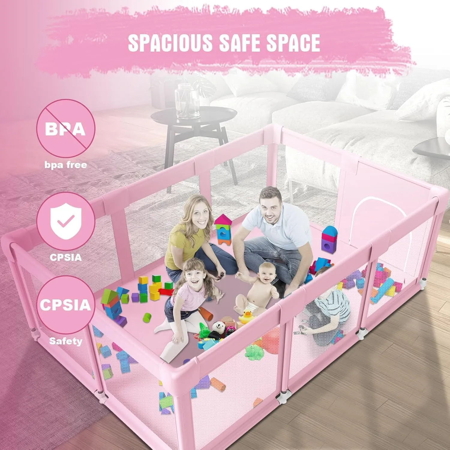 Baby Playpen 74"x50" PlayPen for Babies and Toddlers Pink, Large Play Yards for Indoor & Outdoor with Zipper Gates