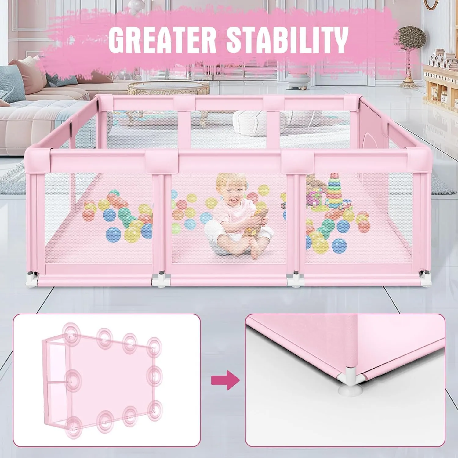 Baby Playpen 74"x50" PlayPen for Babies and Toddlers Pink, Large Play Yards for Indoor & Outdoor with Zipper Gates