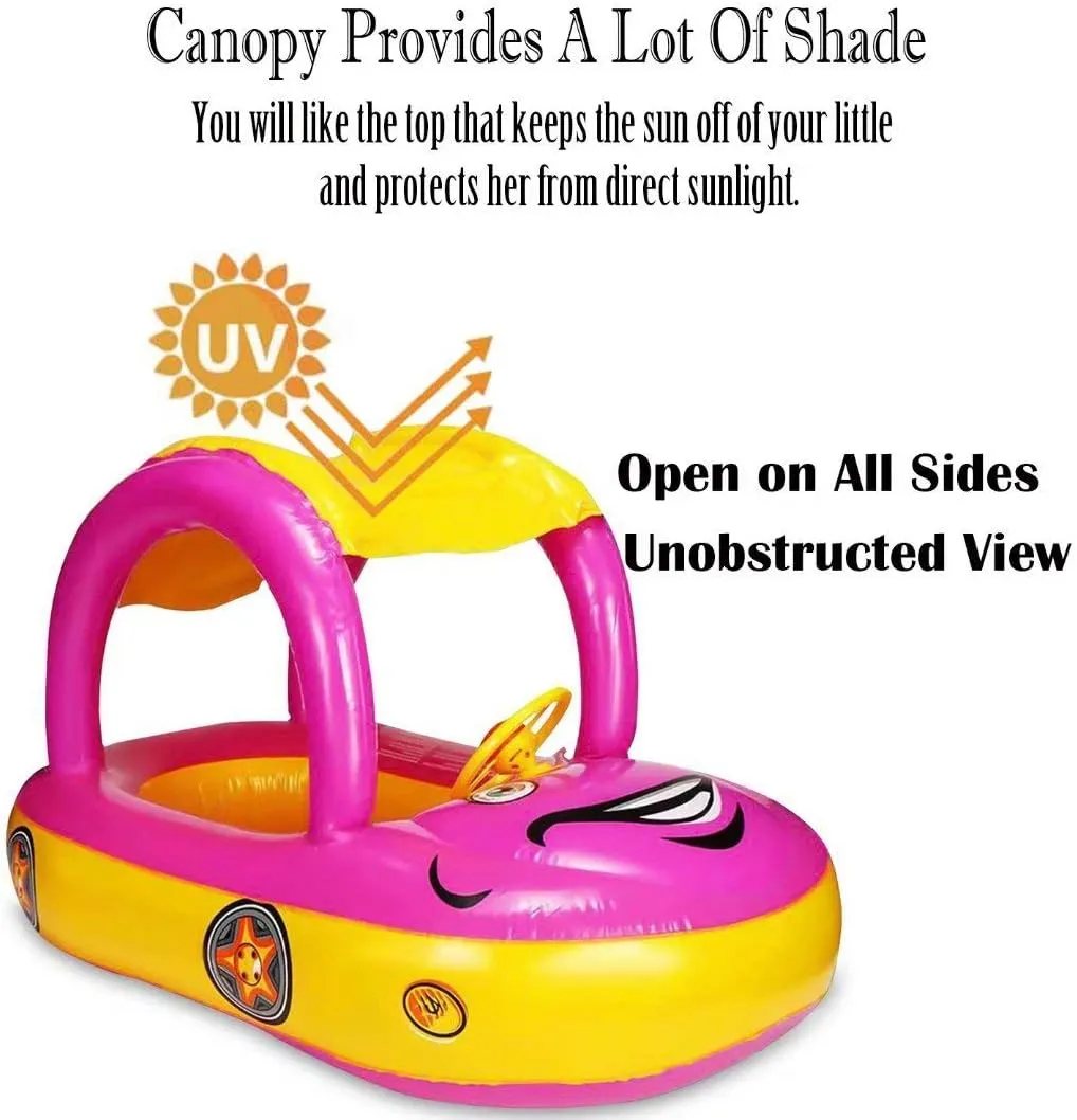 Baby Pool Float with Canopy Summer Steering Wheel Sunshade Swim Ring Car Inflatable Toys Infants Float Seat Boat for Kids Toddlers