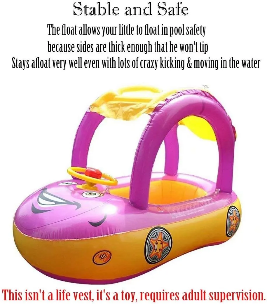 Baby Pool Float with Canopy Summer Steering Wheel Sunshade Swim Ring Car Inflatable Toys Infants Float Seat Boat for Kids Toddlers