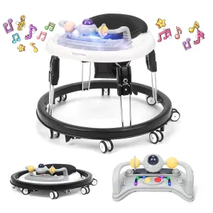Baby Walker with Wheels,Music and Lights Baby Walker for Boys Girls 6-12 Months,Foldable Baby Walkers and Activity Center,Toddler Infant Walker with 7-Speed Height Adjustment,Detachable Plate,Black