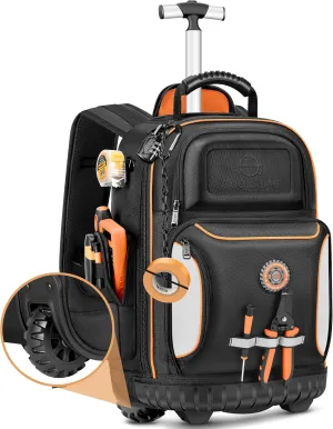 Backpack Tool Bag with Wheel, Rolling Tool Backpack for Electrician Heavy Duty Roller Tool Bag on Wheel for Construction Work, 75 Pockets & Loops Tool Backpack with Molded Base and Combination Lock