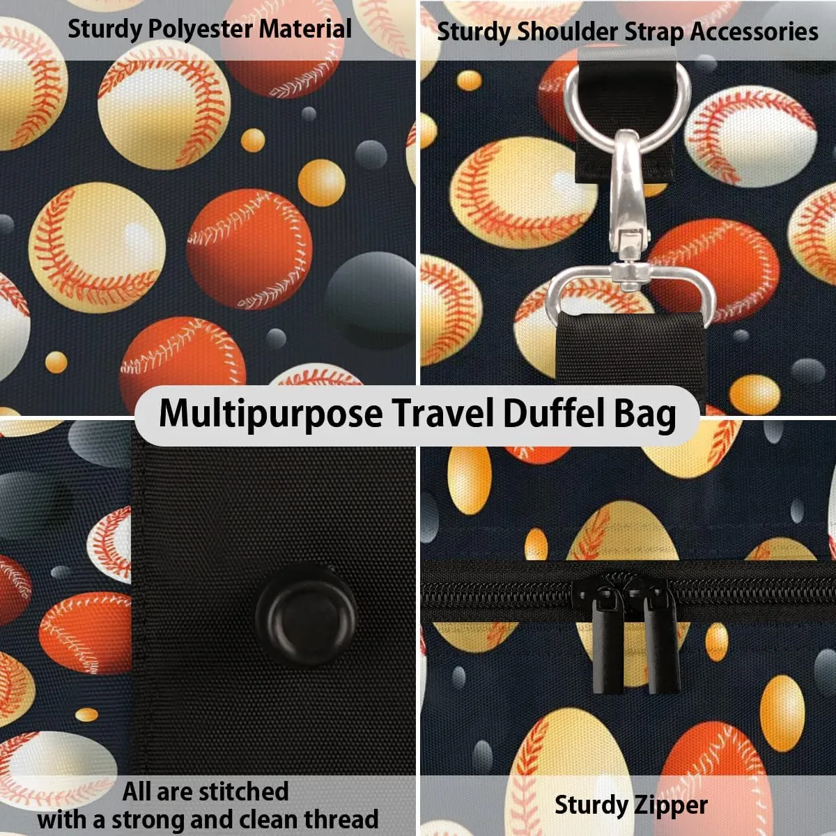 Baseball Prints Travel Duffel Bag for Women Men Waterproof Foldable Overnight Weekender Bag Large Capacity Sports Gym Bag