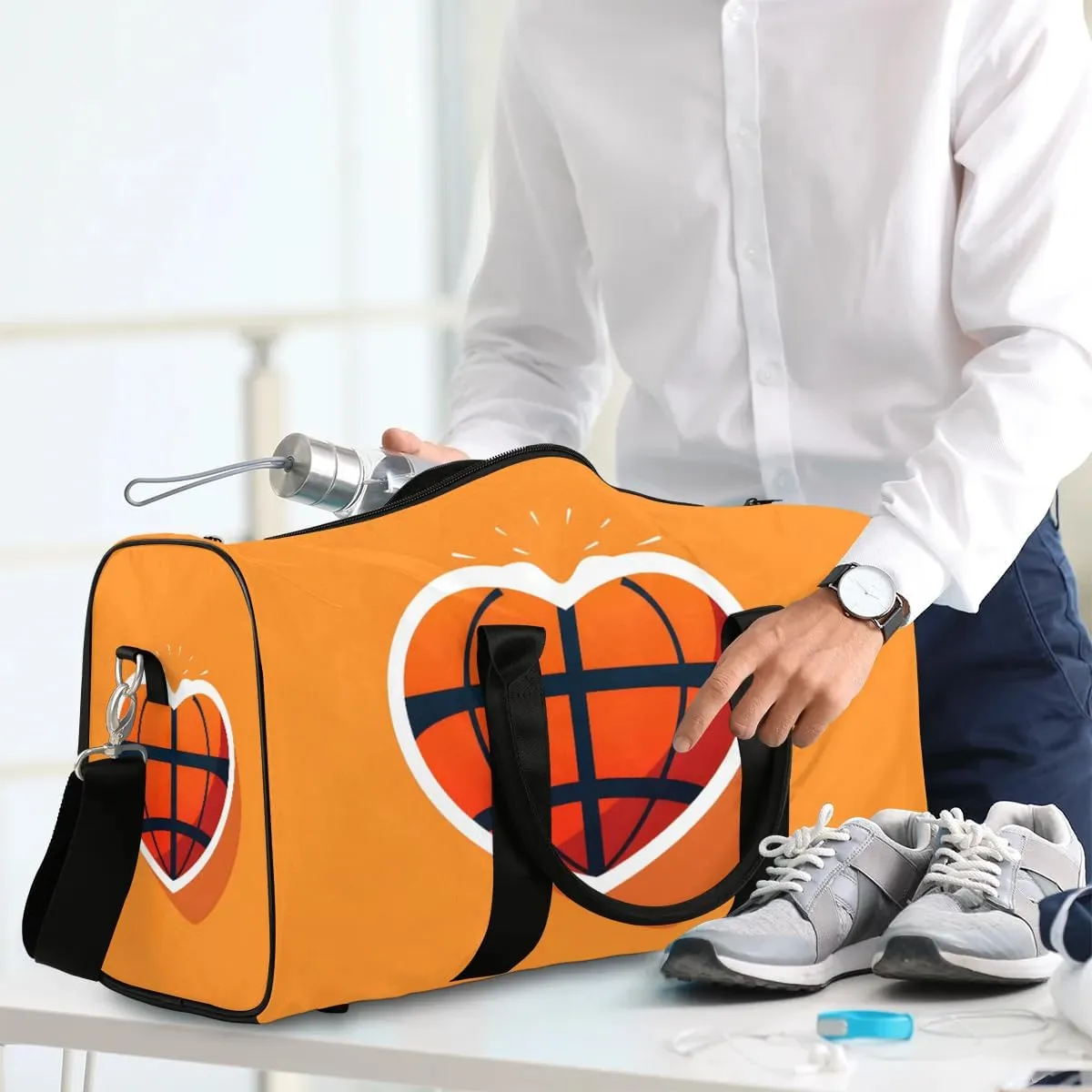 Basketball Love Heart Travel Duffel Bag for Women Men Waterproof Foldable Overnight Weekender Bag Large Capacity Sports Gym Bag