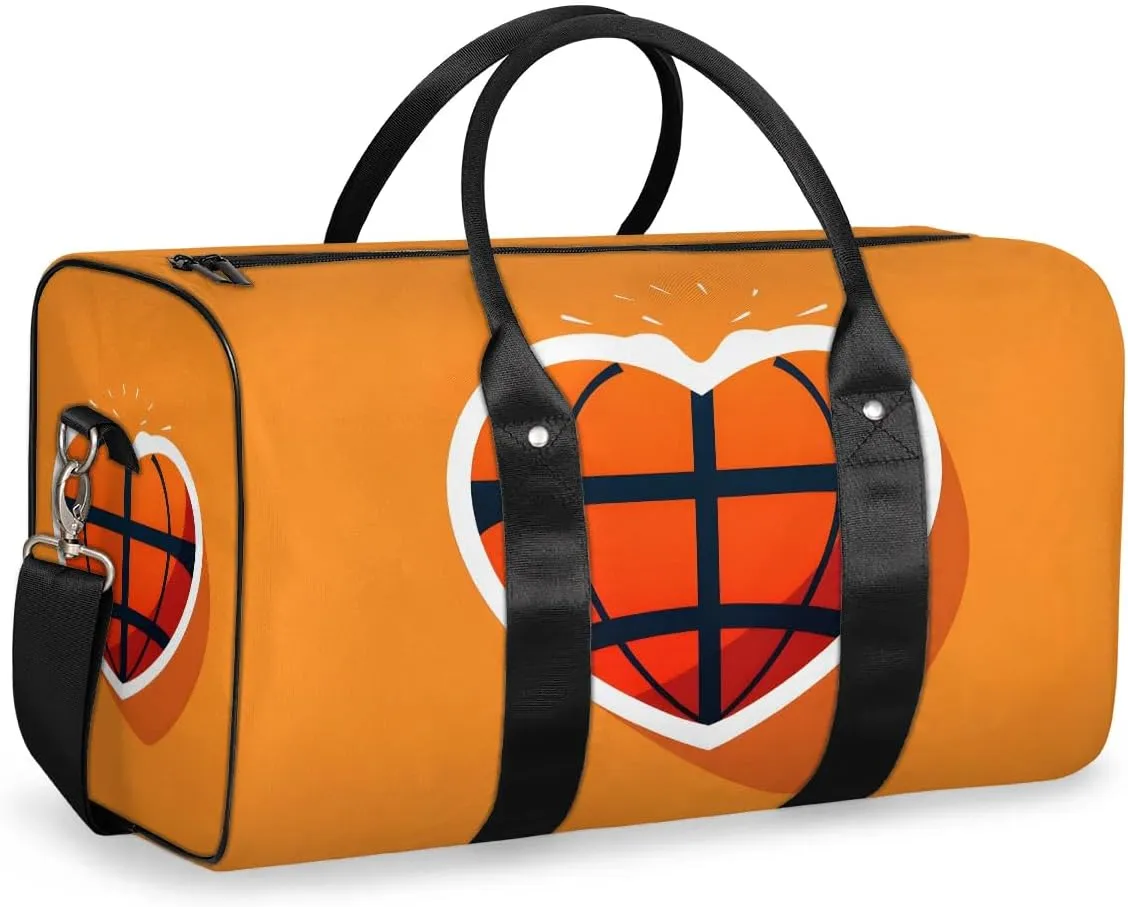 Basketball Love Heart Travel Duffel Bag for Women Men Waterproof Foldable Overnight Weekender Bag Large Capacity Sports Gym Bag
