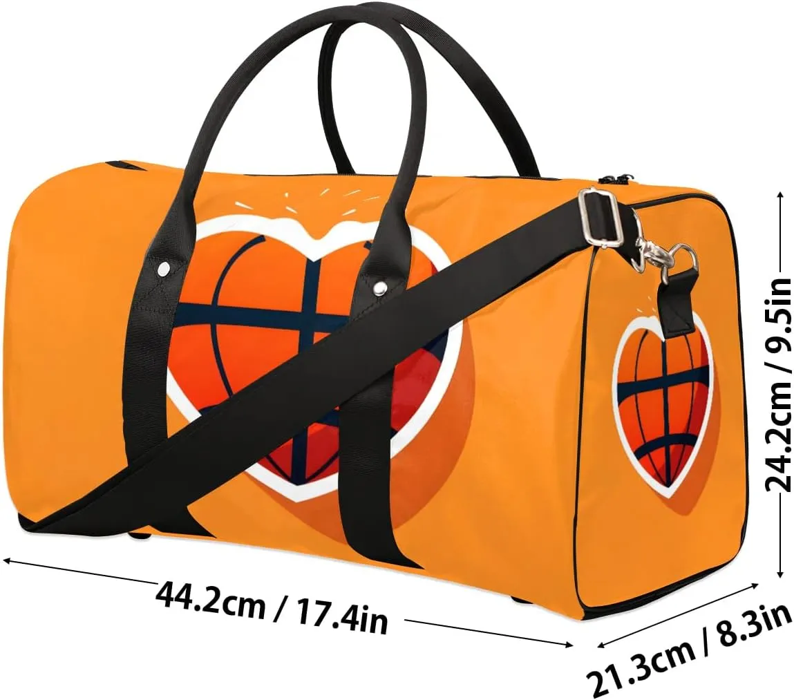 Basketball Love Heart Travel Duffel Bag for Women Men Waterproof Foldable Overnight Weekender Bag Large Capacity Sports Gym Bag