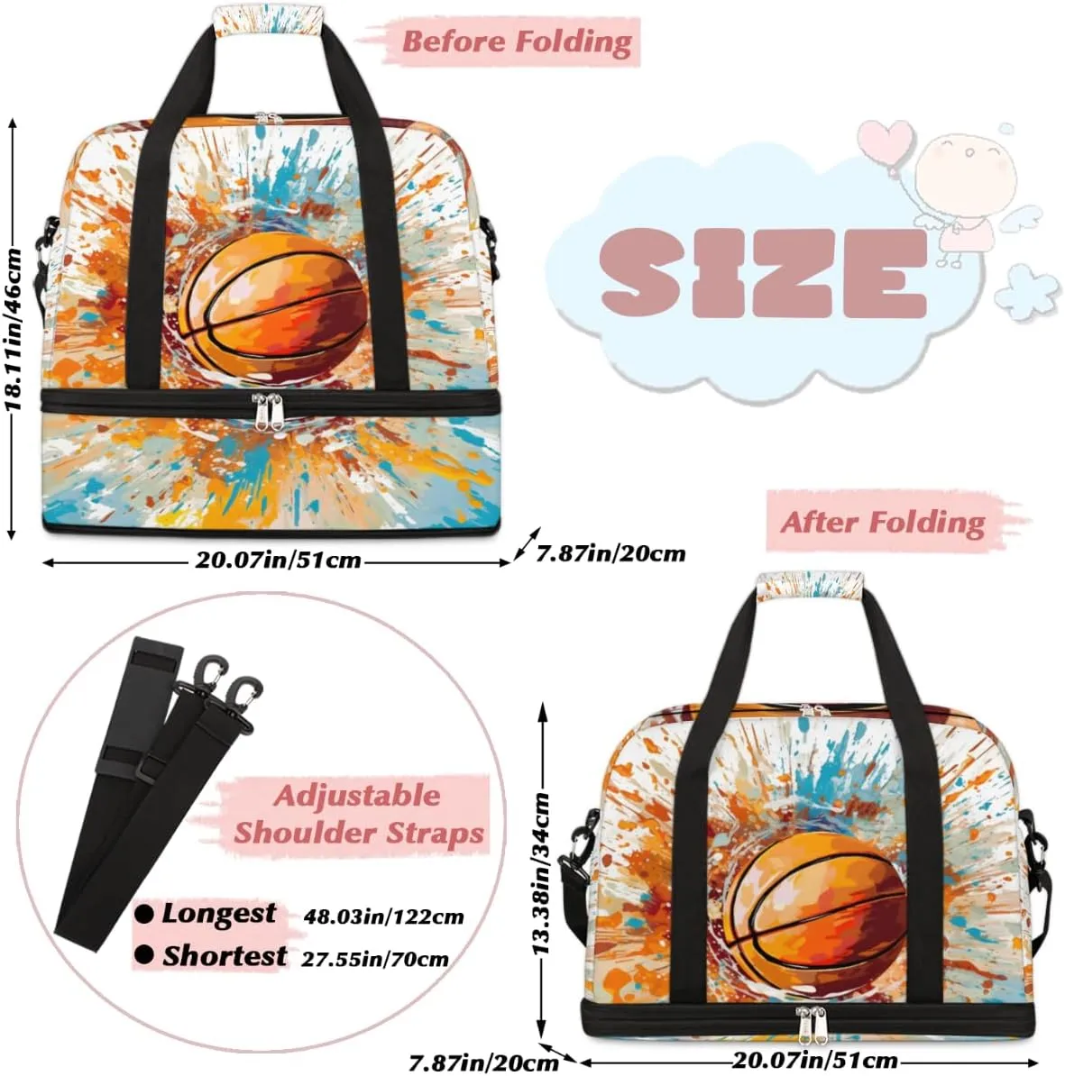Basketball Sports Ball Foldable Duffle Bag with Shoes Compartment Large Capacity Waterproof Travel Weekender Bag Overnight Bag for Sports Gym