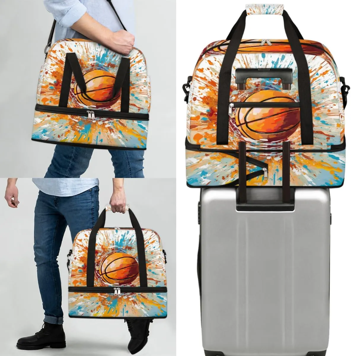 Basketball Sports Ball Foldable Duffle Bag with Shoes Compartment Large Capacity Waterproof Travel Weekender Bag Overnight Bag for Sports Gym