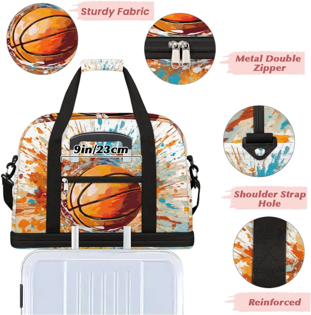 Basketball Sports Ball Foldable Duffle Bag with Shoes Compartment Large Capacity Waterproof Travel Weekender Bag Overnight Bag for Sports Gym