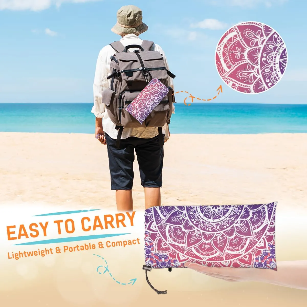 Beach Blanket, Mandala Sandproof Beach Mat, Waterproof Quick Drying Sand Free Mat with 4 x Ground Spikes for Outdoor Travel Camping Hiking, Boho Mandala 68 x 59 in