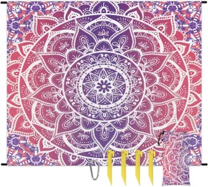 Beach Blanket, Mandala Sandproof Beach Mat, Waterproof Quick Drying Sand Free Mat with 4 x Ground Spikes for Outdoor Travel Camping Hiking, Boho Mandala 68 x 59 in