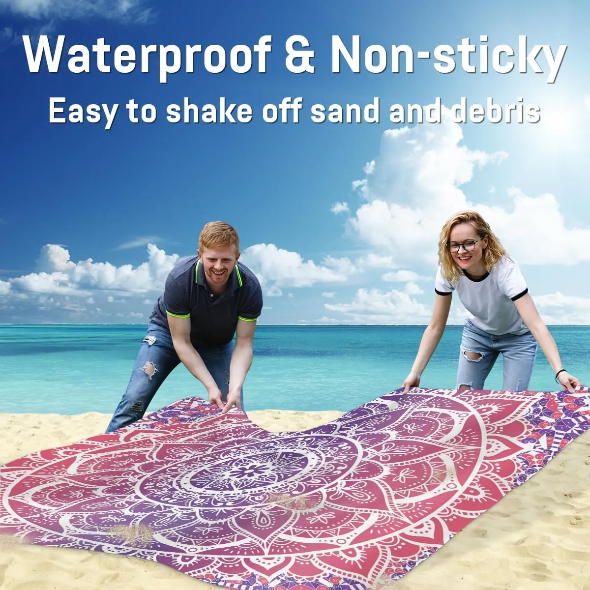 Beach Blanket, Mandala Sandproof Beach Mat, Waterproof Quick Drying Sand Free Mat with 4 x Ground Spikes for Outdoor Travel Camping Hiking, Boho Mandala 68 x 59 in