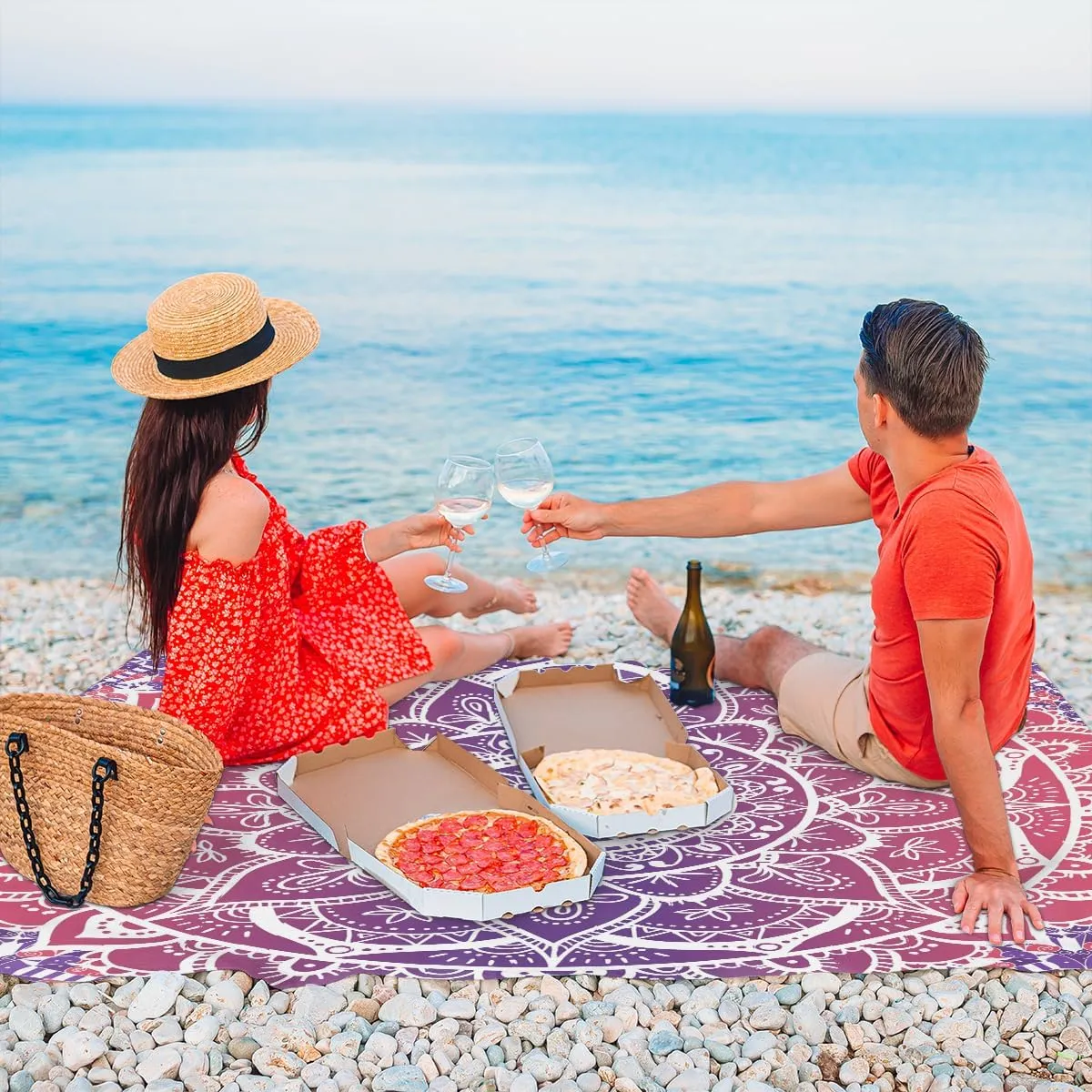 Beach Blanket, Mandala Sandproof Beach Mat, Waterproof Quick Drying Sand Free Mat with 4 x Ground Spikes for Outdoor Travel Camping Hiking, Boho Mandala 68 x 59 in